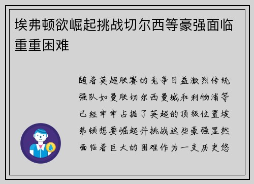 埃弗顿欲崛起挑战切尔西等豪强面临重重困难